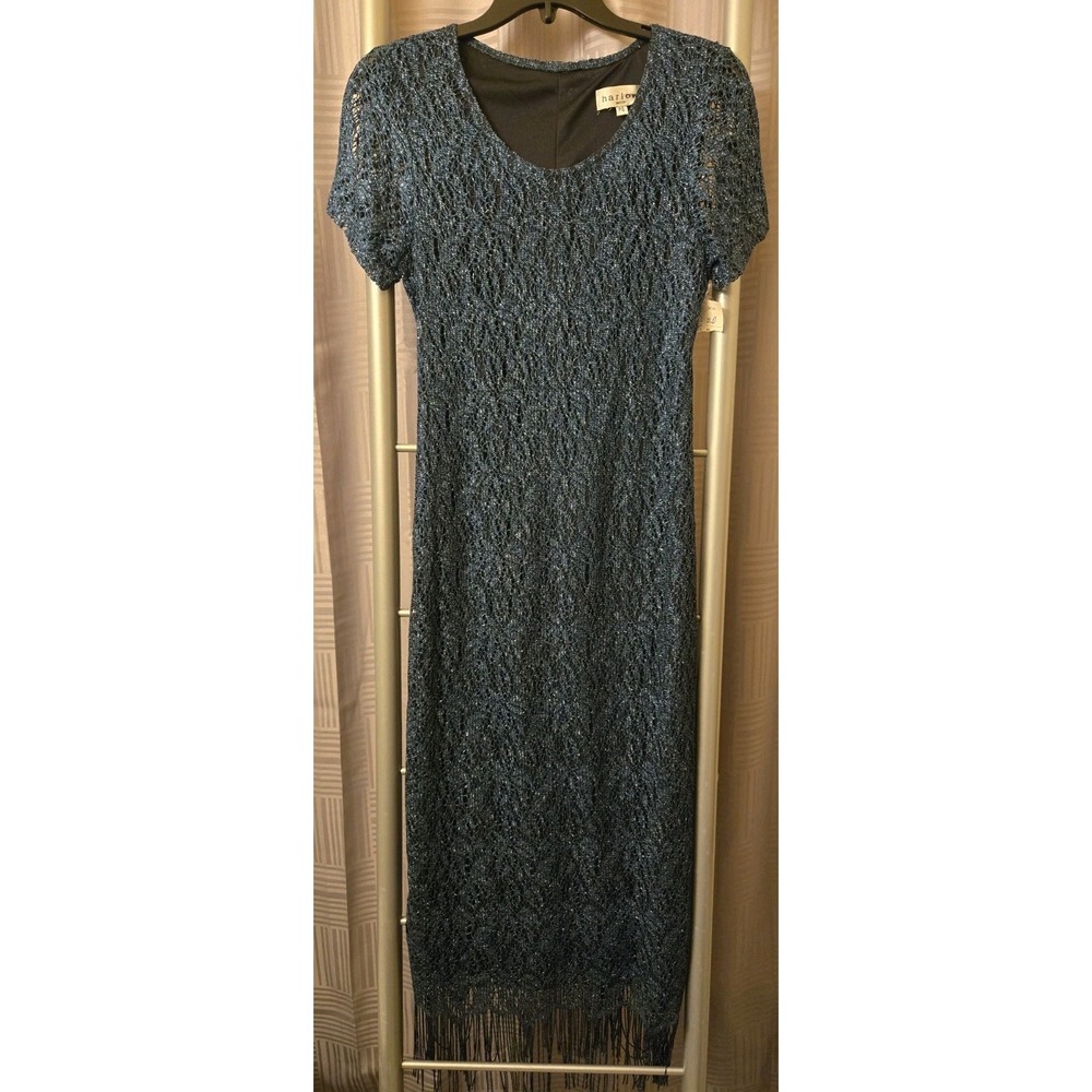 Harlow Women's Dress Green Lace Overlay Silver Metallic Fringe Petite Size 8